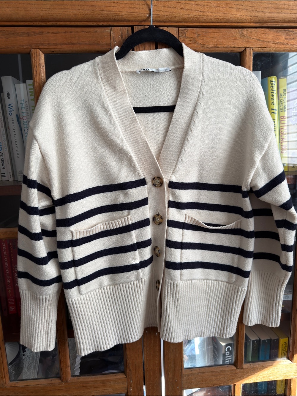 Zara Cream Navy Striped Oversized Cardigan XS